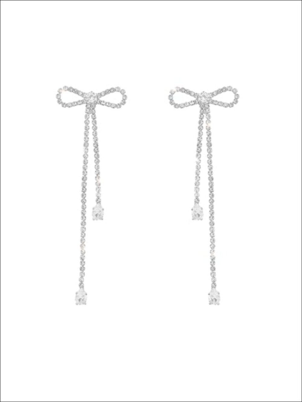Rhinestone Bow Dangle Earrings Cubic Zirconia Silver Chandelier Drop 2.9in Women